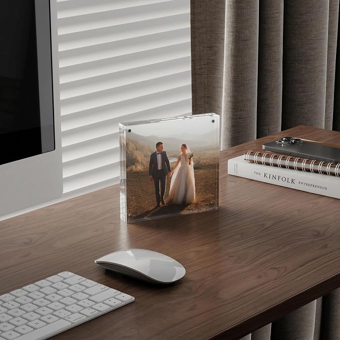 ATZYmolin 3 Pack 5x5 Acrylic Picture Frame, Magnetic Double Sided | 20mm Thick Frameless Clear Transparent Photo Frame, Self Standing for Desktop Tabletop, with Microfiber Cloth - Image 8