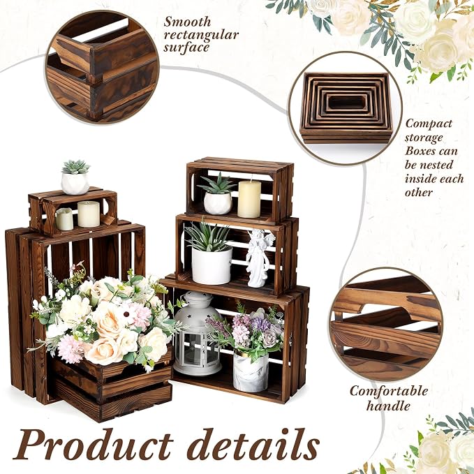CroBlissful 6 Pcs Decorative Wood Crates for Storage Display Rustic Nesting Crates with Handle Farmhouse Wooden Storage Container Boxes for Wedding Baby Shower Birthday Party(Vintage Brown) - Image 6