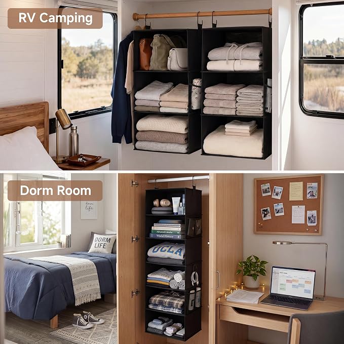 StorageWorks Hanging Closet Organizer 6-Shelf, Jumbo Separable Two 3 Shelf Closet Storage Organizer with Side Pockets, Portable Hanging Shelves for Wardrobe, RVs, 13 "D x 15 "W x 47 ¼"H, Black - Image 9