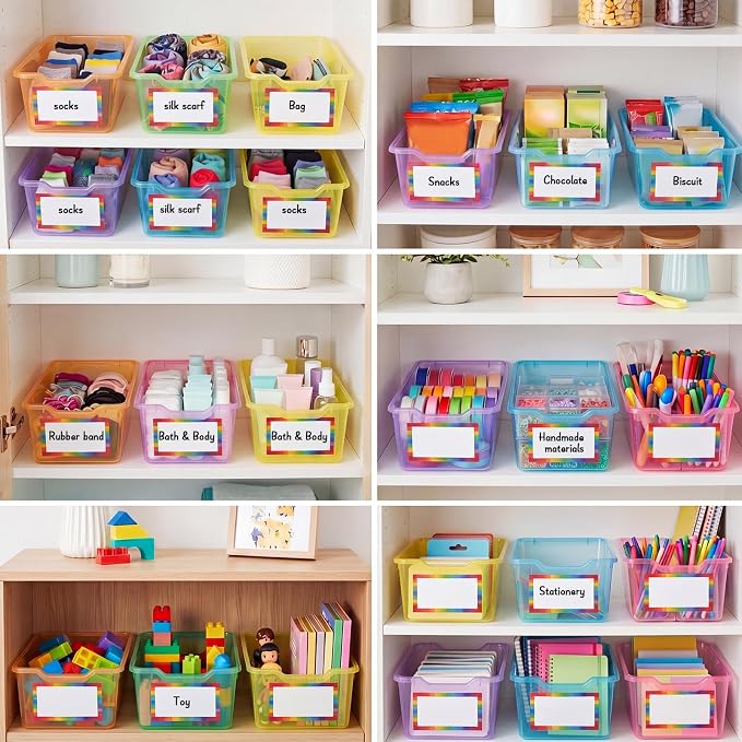 Funrous 12 Pack Plastic Cubby Bins for Classroom, Stackable Storage Bins with Rainbow Labels and Handles Cubby Organizer Containers for Teacher Supplies Home Office Daycare and Playroom (Bright) - Image 7