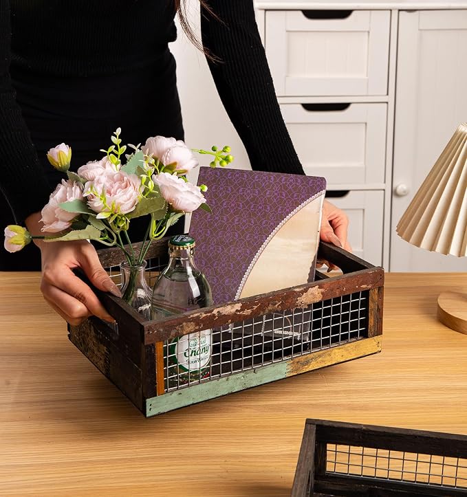 TIMRIS Set of 2 Rustic Wooden Countertop Baskets, Farmhouse Distressed Nesting Boxes, Small Decorative Wooden Storage Crates, Reclaimed Wood Organizer Baskets with Wire Mesh (Random) - Image 9