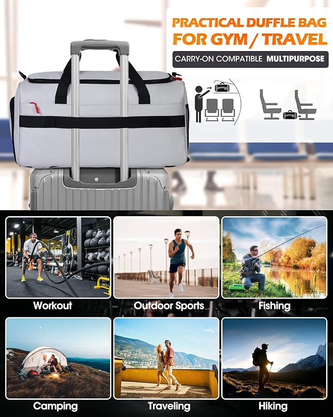 RAINSMORE Gym Bag for Men, 45L Sports Travel Duffel Bag with Shoe & Laptop Compartment, Gym Workout Backpack Carry On Weekender Bag Overnight Backpack for Travel, Grey - Image 7