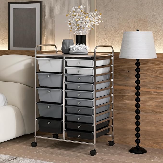 RELAX4LIFE 15-Drawer Storage Drawer Cart - Mobile Rolling Utility Cart with Wheels, Steel Frame, Craft Organizer for Classroom Organization and Storage, School, Office, Home, Gradient Black - Image 9