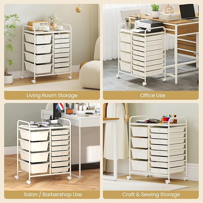 12 Drawer Rolling Storage Cart, Rolling Cart with Drawers for Classroom, Art Supply Craft Organizer on Wheel with Metal Frame & Handles for Home Office School (White, 12 Drawer Left-Right) - Image 7