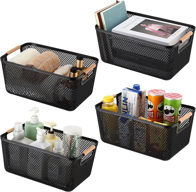 Tioncy 4 Pcs Plastic Mesh Baskets with Wood Handle Woven Mesh Storage Organizer Bins Multi-function Rectangle Baskets for Home Pantries Shelves Closet Kitchens Bedrooms(13.98 x 9.02 x 6.38 Inches) - Image 8