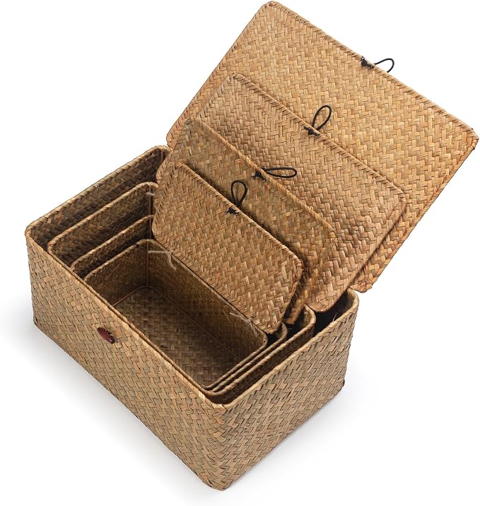 Wicker Basket with Lid, Seagrass Storage Basket, Woven Baskets for Storage, Decorative Storage Baskets for Shelf Organizing, Natural - Image 9