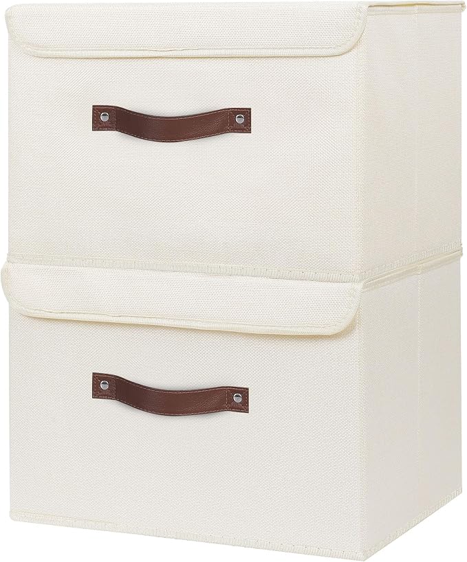 ANMINY Fabric Storage Box Bins with Lids, Beige, 13"x9"x7.9" | Keepsake Memory Storage, Cotton Linen, PP Board Reinforced, Washable, PU Handles, Foldable & Stackable, Decorative, Medium - Image 8