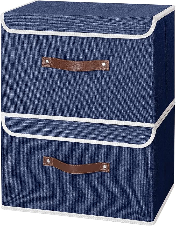 ANMINY Fabric Storage Box Bins with Lids, Blue, 15"x10"x10", 4 Pack | Keepsake Memory Storage, Cotton Linen, PP Board Reinforced, Washable, PU Handles, Foldable & Stackable, Decorative, Large - Image 8