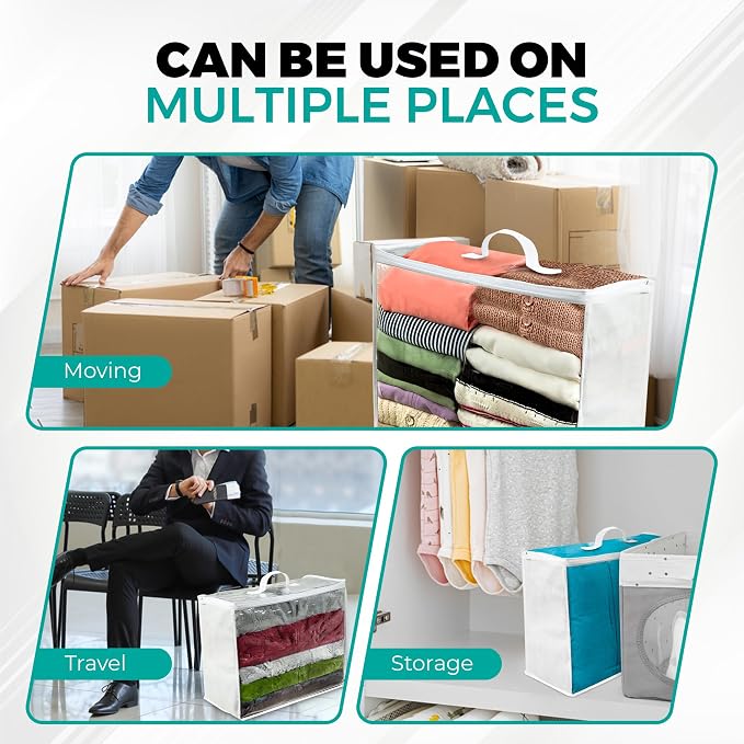 Clear Moving Bag (3-Pack) 18x15x9 - Zipper, Blankets, Breathable | Breathable Non-Woven Sides, Foldable, Comforters, Bedding, Clothes, Sweaters, College, Dorm, Packing - Image 8