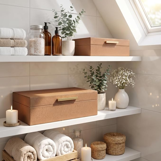 Decorative Storage Boxes with Lids - Set of 2 PU Leather Organizer Bins | Beautiful Bins for Your Bookshelf Home Decor - Safely Store Photos, Documents and Memory Box Keepsakes in Style - Image 9