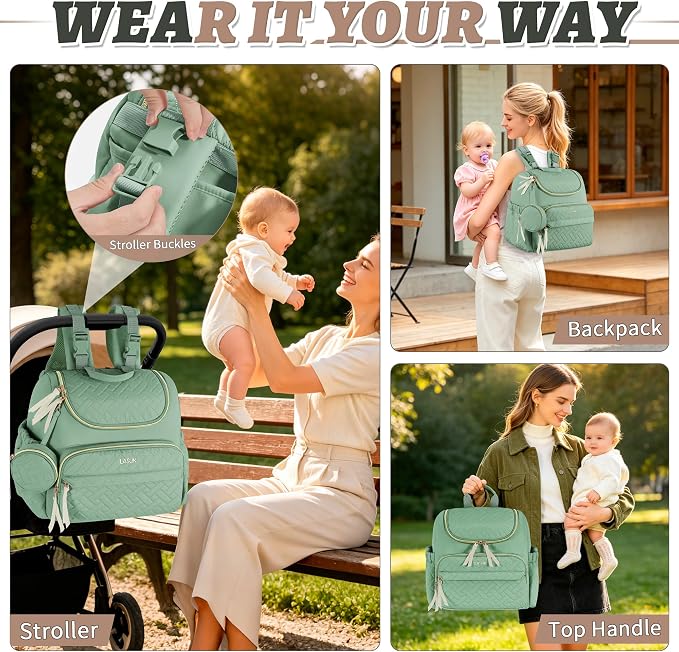 Small Diaper Bag, 22L Stylish Baby Mini Maternity Travel Backpack | with Changing Pad, Pacifier Bag, Stroller Straps Parents Essentials for Outdoor Trip Hospital & Daily Work, Green - Image 6