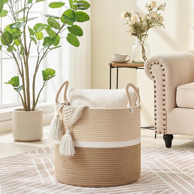 KAKAMAY Large Blanket Basket (18"x18"x16"),Woven Baby Laundry Hamper for Storage, Cotton Rope Blankets Baskets for Nursery, Laundry, Living Room, Pillows, Baby Toy chest with Handles (Light Brown) - Image 7
