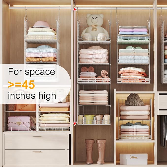 Yuyetuyo 5 Tier Hanging Closet Organizer Separable Hanging Closet Shelves with 4 Hooks 2 Adjustable Dividers, Wire Storage Basket Bins for Clothing Sweaters Socks Dolls Handbags, Foldable - Image 9