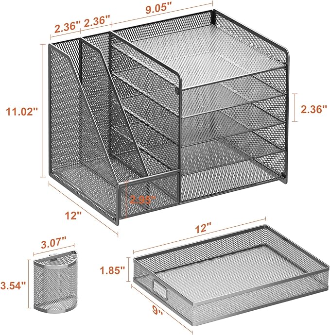 Marbrasse 5-Tier Paper Letter Tray Organizer with Drawer and Pen Holder, Mesh Desktop Organizer and Storage with Magazine Holder for Office Supplies (Grey) - Image 6