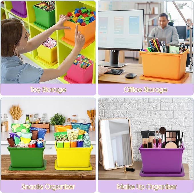 Potchen 6 Pack Small Stackable Storage Bins with Lids Plastic Storage Boxes for Classroom 9.8" ×7.3" ×5.7" Decorative Organizer Bins for Craft Art Office Teacher Supplies (Colorful) - Image 6