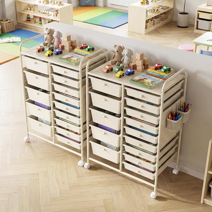 DREAMADE 15-Drawer Rolling Storage Cart, Craft Organizer Cart, White | Mobile Utility Cart with Metal Pegboard Panels, Tabletop and Lockable Wheels for Classroom, Office, Studio and Playroom - Image 9