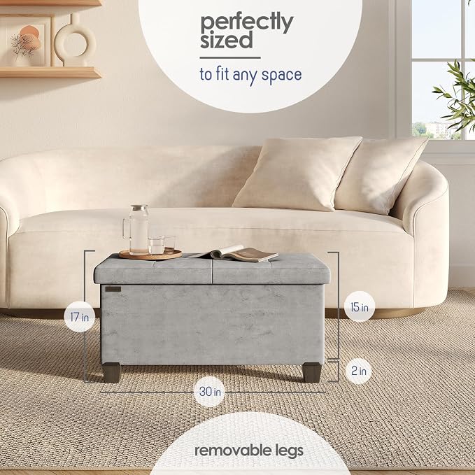 Storage Ottoman Bench with Bins, 30-in Storage Bench for Bedroom End of Bed, Folding Foot Rest Ottoman for Living Room Max 660lbs, Velvet Ottomans, Light Grey - Image 9