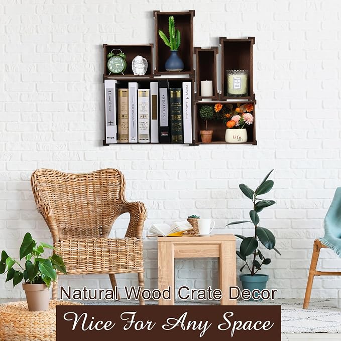 AceOrbit 6 Pcs Decorative Wood Crates for Storage Display 6 Size Rustic Nesting Crates with Handle Farmhouse Wooden Container Boxes for Wedding Bride Shower Party Market Farmers Decor(Dark Brown) - Image 6