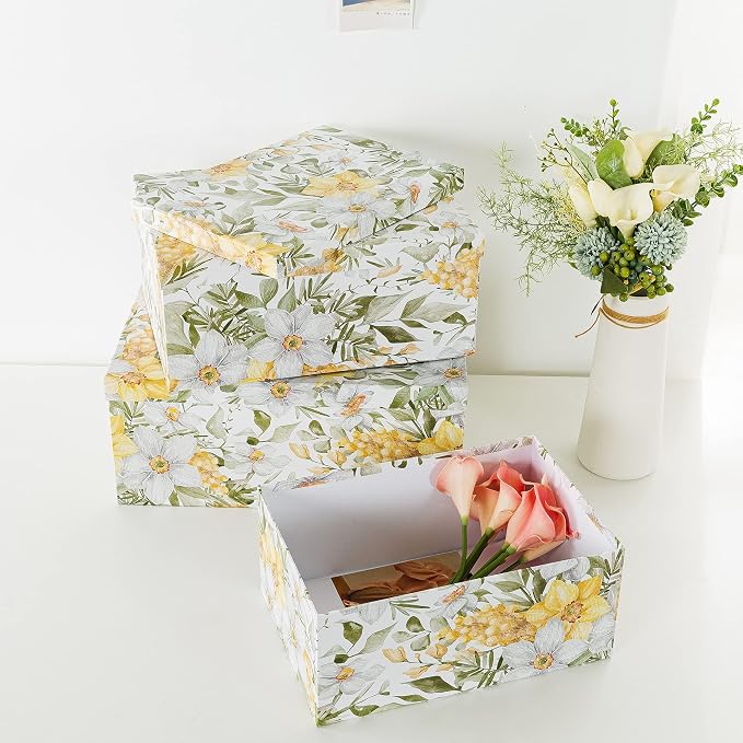 Soul & Lane - Garden Glory Decorative Storage Boxes with Lids, Set of 3 | Stackable Cardboard Photo Storage Containers for Keepsakes and Gifts, Yellow Flower Boho Print Boxes, Home Decor Set - Image 5