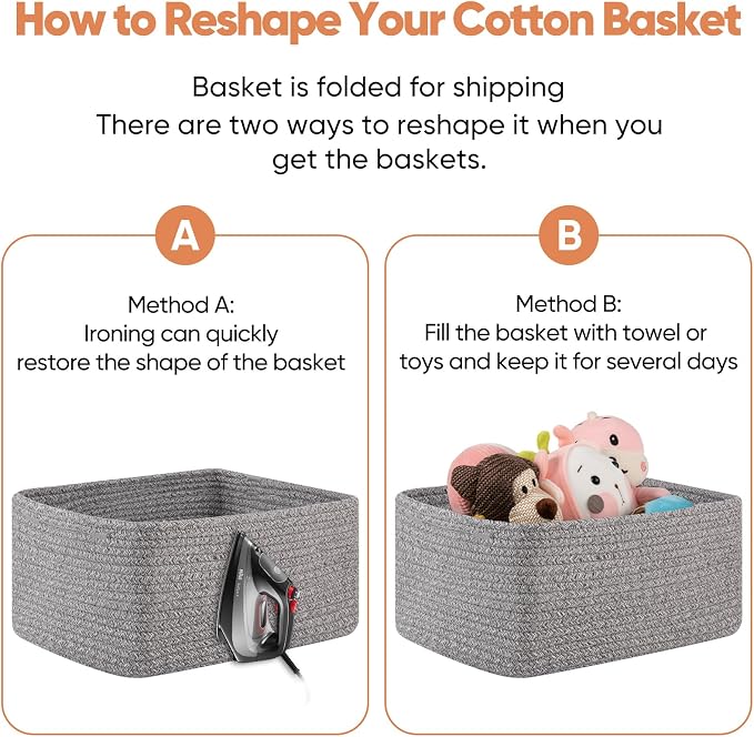 OIAHOMY 4 Pack 14.17 * 11.02 * 6.3IN Storage Baskets for Organizing Shelves, Woven Rope Baskets for Organizing Books, Clothes, Decorative Basket for Living Room, Nursery, Bedroom, Gift Basket, Grey - Image 7