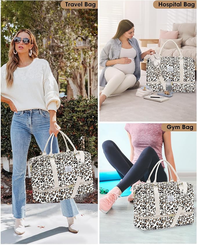 Travel Overnight Bag Weekender Bags: Large Duffle Bag Women with Shoe Compartment Carry on Overnight Bags with Toiletry Bag Gym Duffel Bag with Wet Pocket Hospital Bags for Labor and Delivery Leopard - Image 7