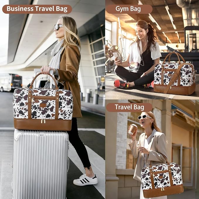 3PCS Weekender Bags for Women Large Overnight Bag, Brown Cow | Weekender Travel Duffel Bags Carry on Shoulder with Shoe Compartment Toiletry Bag Satchel Bag for Travelling Business Gym - Image 7