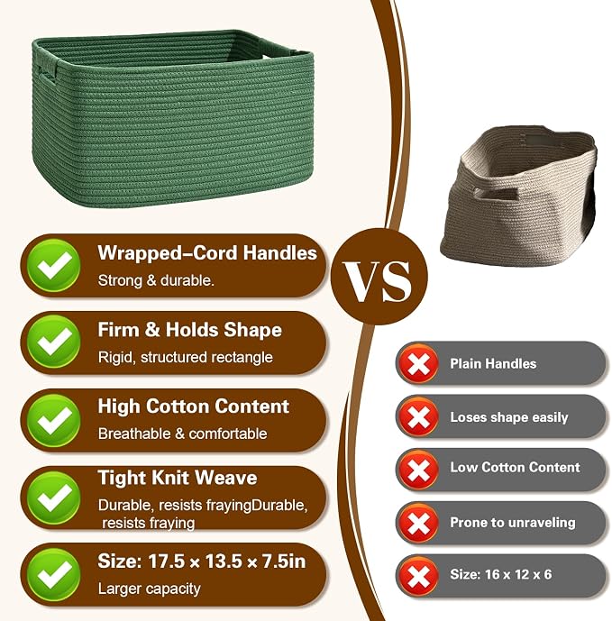 2 Pack Large Storage Basket for Organizing, 17.5"x13"x7" Woven Basket for Shelves, Closet Cube Storage Bins with Wrapped Handle, Cotton Rope Baskets for Kitchen, Clothes, Toys(Green) - Image 8