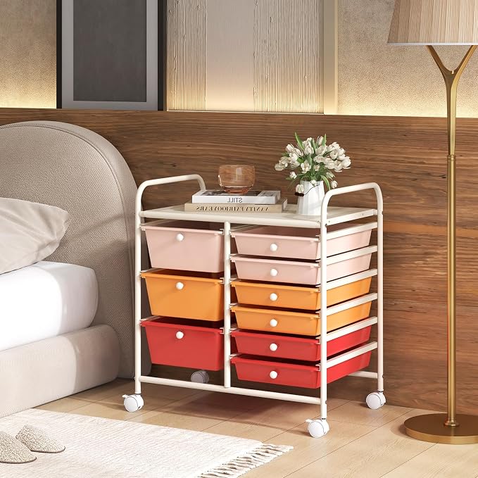 RELAX4LIFE 9 Drawer Rolling Storage Cart - Mobile Drawer Carts for Craft Art Supply Paper Salon, Utility Cart on Wheels for Classroom Teacher School Office, Rolling Cart with Drawers (Macaron) - Image 9