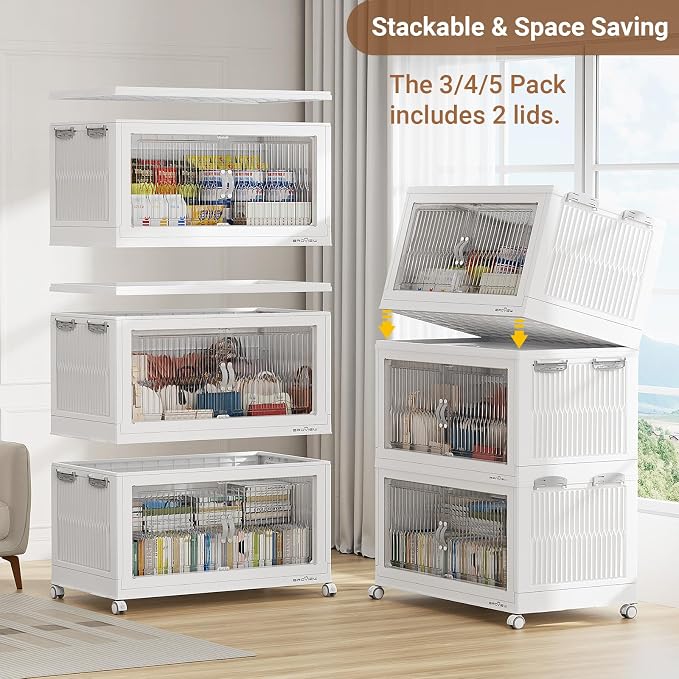 BROVIEW 600Qt Extra Large Stackable Storage Bins with Lid, Closet Organizer Collapsible Drawer Boxes with Wheels, Folding Plastic Cabinet Containers for Home Kitchen Room Organization, 3Pack White - Image 9