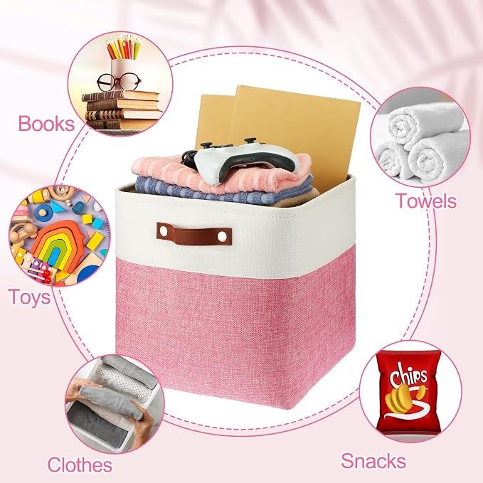 Uiifan 8 Pack 12 x 12 x 12 Inch Large Storage Baskets Collapsible Fabric Storage Cubes Bins with Handles for Shelves Closets Nursery Home Clothes Toys Organizers, Pink - Image 4