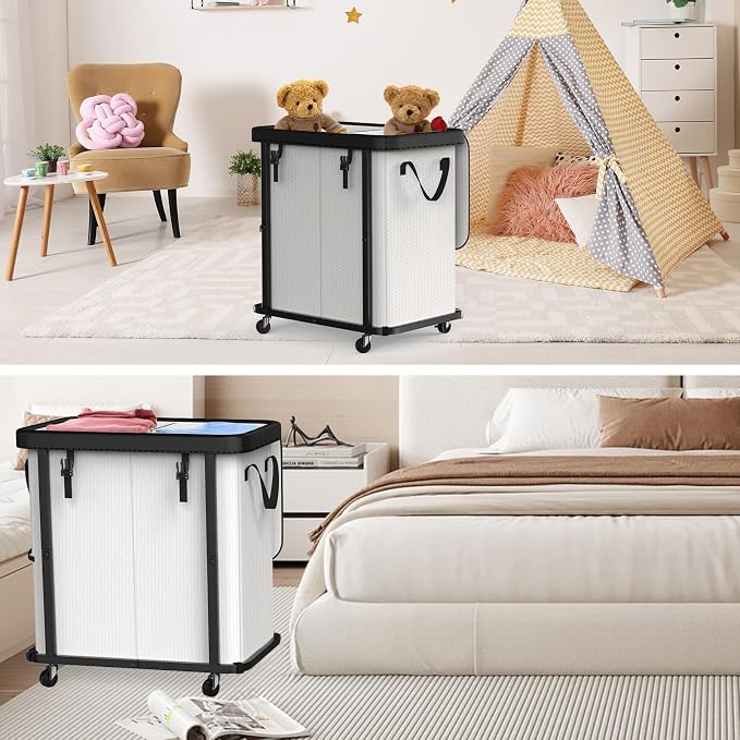Laundry Basket with Wheels,190L (50 Gal) Laundry Hamper 2 Setion - Beige | Leather Patchwork,Sturdy Metal Frame, Removable Washable Bag, Tall Clothes Sorter for Bedroom, Laundry Room - Image 7