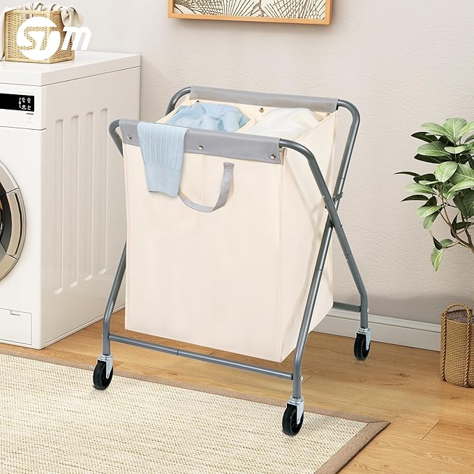 STORAGE MANIAC 125L Collapsible Laundry Hamper with Wheels, Rolling Laundry Basket, Heavy Duty Cloth Sorter with Removable Bag, Folding X Frame Clothes Organizer Cart for Easy to Store, 2 Section - Image 7