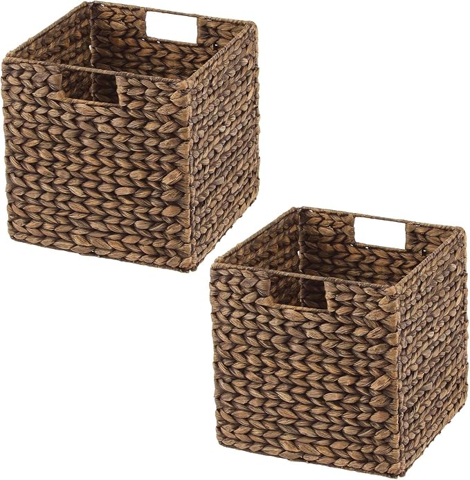 mDesign Natural Woven Hyacinth Cube Organizer Basket with Handles, Storage for Bathroom, Laundry Room Shelf or Nursery - Perfect for Cubby Storage Units - Hold Blankets and Books - 2 Pack, Brown Wash - Image 9