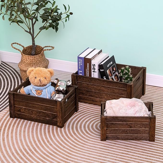 Large Vintage Brown Wooden Crates For Storage,Nesting Handmade Solid Wood Vintage Black Wood Storage Boxes.Storage Crates For Organizing. - Image 8