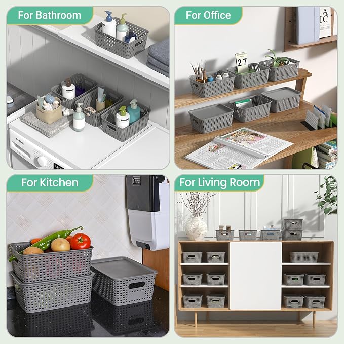 Ohmlove 8 Pack Plastic Storage Baskets with Lids for Organization | Stackable Storage bins, Storages Baskets for Organizing Shelves Drawers Desktop Closet Playroom Classroom Office, Gray - Image 7