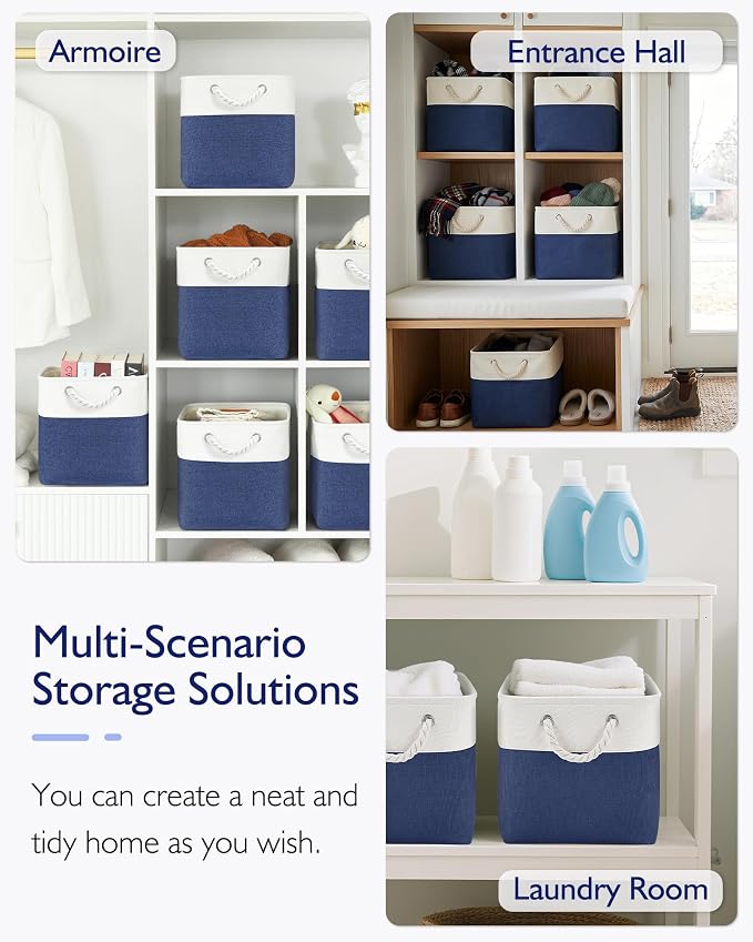 Patvingot 13-Inch Fabric Cube Storage Bins with Handles,4 Pack,Foldable | For cube shelves and closets,keeps grouped for everyday access,reinforced opening and fold-flat storage,white and blue - Image 7