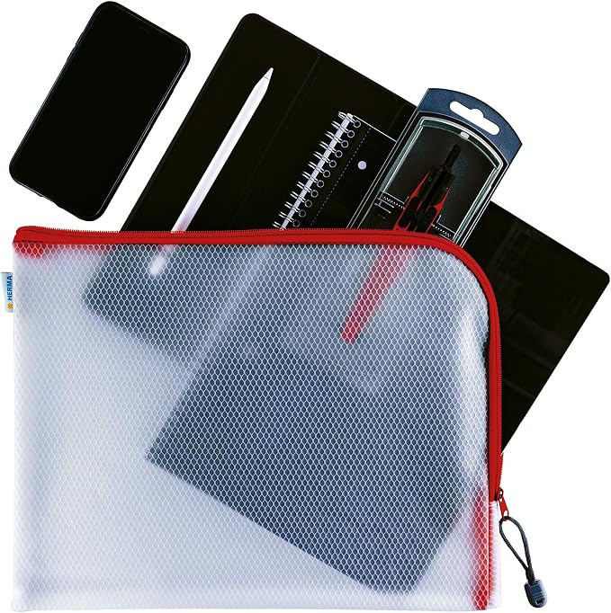 HERMA Red A4 Mesh Zipper Pouch, 36 x 28 cm, Universal Bag, File Folder, 100% Recycled, EVA Plastic, Straight Cut, End Position, Many Sheets, Clear Storage Wallet - Image 7