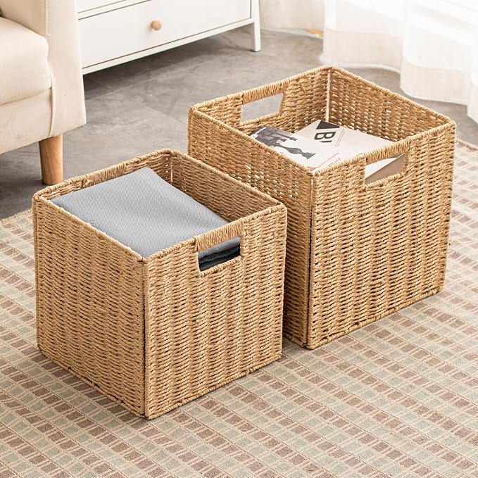 Foldable Storage Baskets with Handles Paper Rope Storage Baskets Rectangle Collapsible Hand Woven Storage Cubes Bins for Organizing Shelves Living Room Bedroom Pantry (3, 11'' x 11'' x 11'') - Image 9
