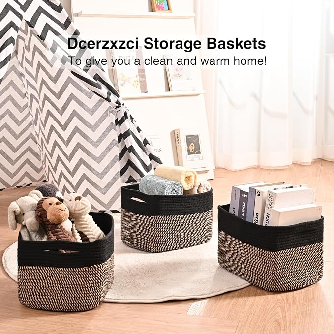 Small Storage Baskets for Organizing Shelves, Cotton Rope Basket for Storage, Cute Rectangular Book Toy Basket, 12.7"×9.1"×7.9", 4 Packs, Black & Jute - Image 6