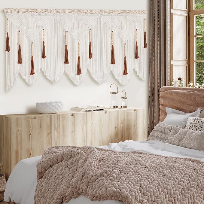 Large Macrame Wall Hanging, Boho Woven Tapestry with Wood Bead Tassel | Minimalist Above Bed Decor, Bohemian Wall Art, Handmade Cotton Woven, for Bedroom Living Room Apartment - Image 6