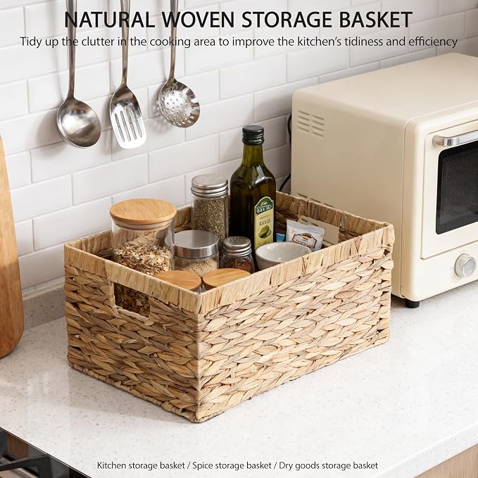 Woven Natural Water hyacinth Rectangular Storage Baskets with inside Handle,Kingwillow(Large) | Rustic decor, with handles, brown‑tan tone, for shelves, bathroom, kitchen, entryway, office files, pet toys - Image 9