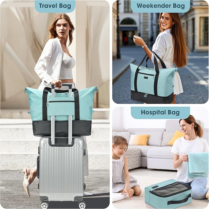 Oeihuivt Weekender Bags for Women with 3 Extra Pack - 21 Inch Large Travel Duffel Bag Set with Shoe Compartment, Heavy-Duty nylon Carry On Overnight Tote Black+Green - Image 8