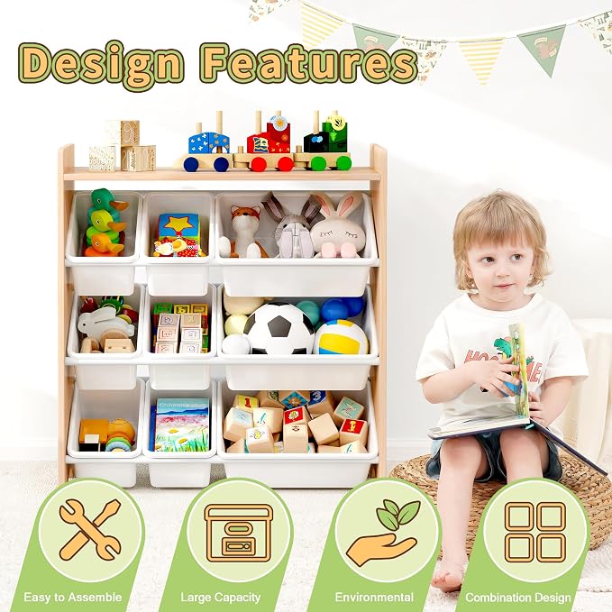 MallBest Kids Toy Organizer with 9 Bins – 4-Tier 100% Solid Wood Storage Shelf for Playroom or Nursery, Natural Wood Kids Storage Cabinet - Image 7