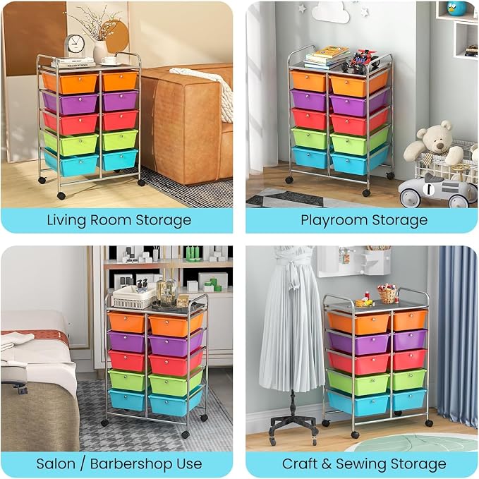 10 Drawer Rolling Cart, Storage Cart Organizer on Wheels, Drawer Cart with Metal Frame & Large Storage Capacity, Rolling Cart with Drawers for Living Room Classroom, Office - Image 9