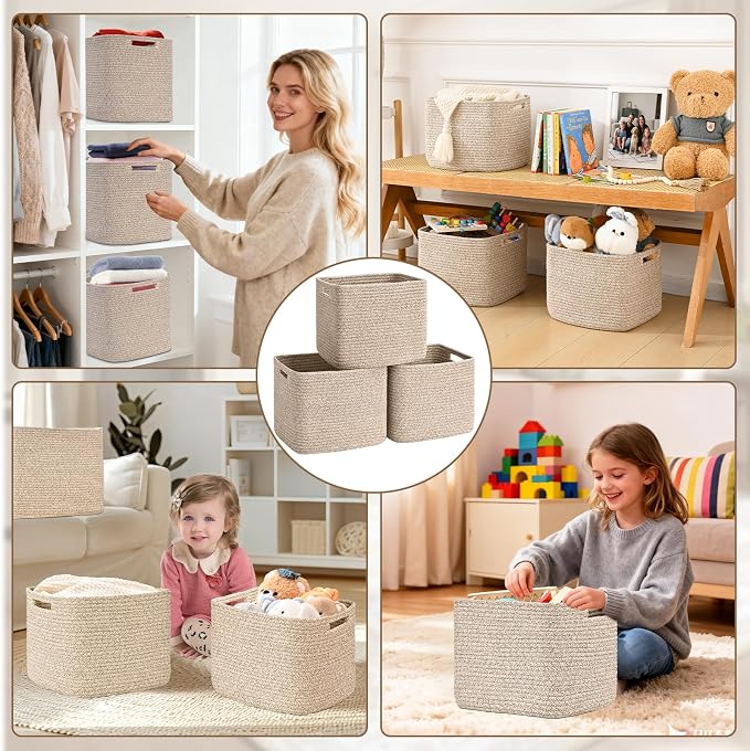 3 Pack Cube Storage Bin, 12”x12”x10” Cotton Rope Woven Baskets for Organizing Toys Clothes Towels, Square Gift Storage Baskets for Shelves, Nursery, Closet, Bathroom, Pantry (Jute) - Image 8