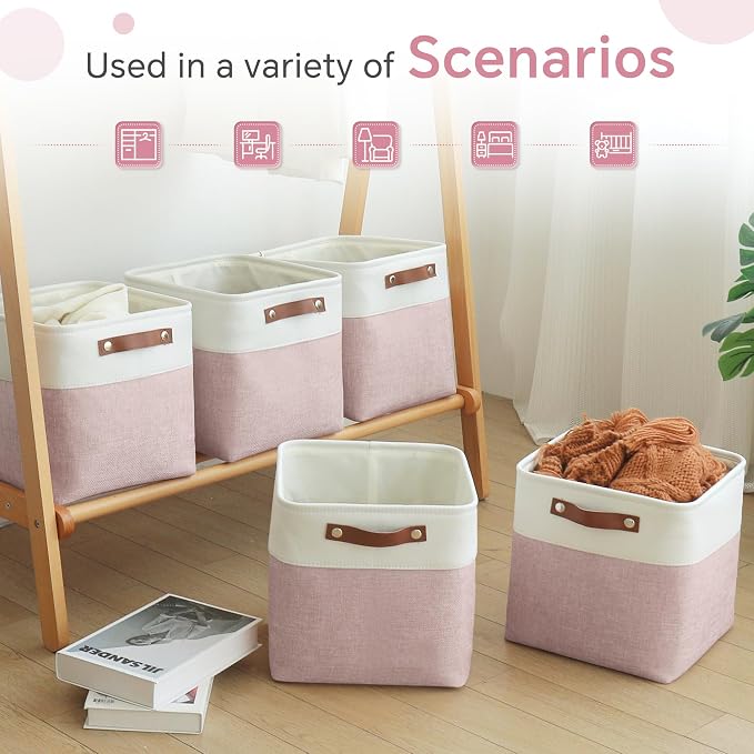 FinishingBo 11 inch Cube Storage Bin 6 Pack, Cube Organizer Bins | Fabric Storage Bins With Handles, 11x11 Storage Cubes, Shelf Basket, White Pink - Image 7