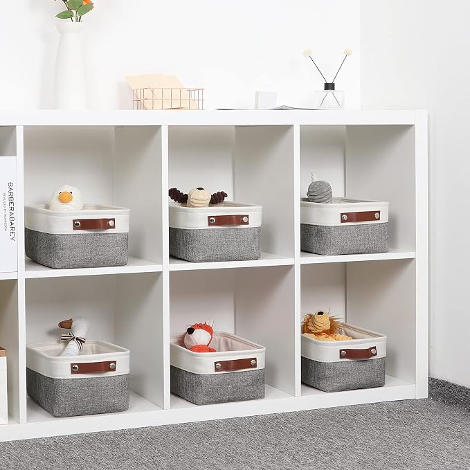DULLEMELO Small Storage Baskets 6 Pack, Fabric Collapsible Gift Storage Baskets for Shelves, Closets, Nursery, Home, Office Organizing,Small Canvas Linen Rectangular Storage Bins (6-Pack, White&Grey) - Image 7