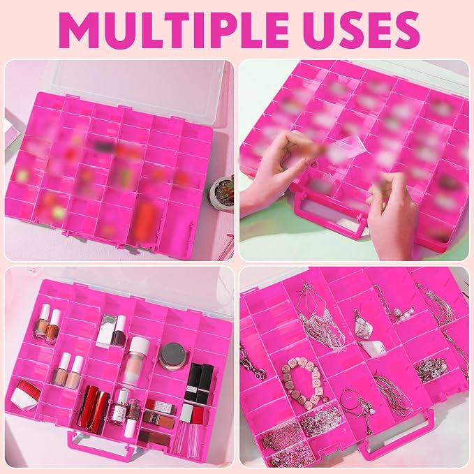2 Pcs 48 Grids Plastic Bead Organizer Box with Divider, Pink - Image 7