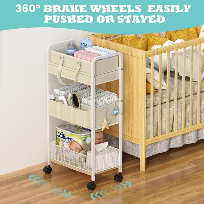 2In1 Baby Diaper Caddy & 3-Tier Rolling Cart, Diaper Caddy Organizer Carts with Dividers, Mobile Metal Utility Cart for Nursery Essentials, Detachable Bedside Cart, Large Capacity, White - Image 7