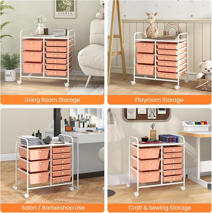 Giantex 9 Drawers Rolling Cart, Classroom Organizers, Storage Cart with Wheels, for Teacher Office Home School Supplies Tool Craft Art Paper, Peach Fuzz - Image 9